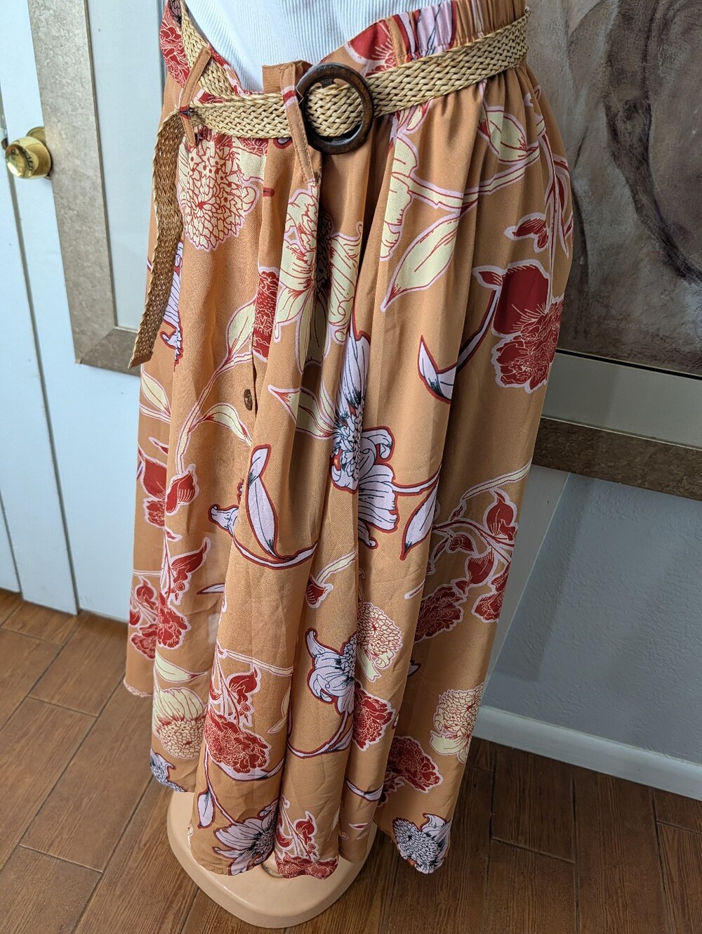 Truly 4 You Floral Midi Skirt in Warm Camel and Rust With Woven Belt Size XL